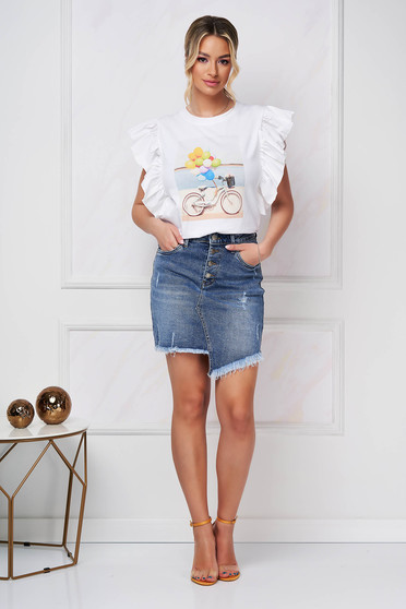 Blue skirt short cut high waisted denim with front and back pockets