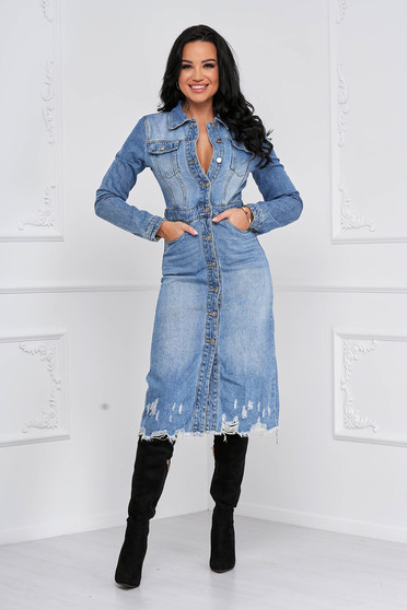 Cotton dresses, Blue dress midi pencil denim with pockets - StarShinerS.com