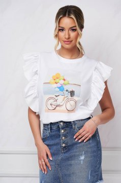 White t-shirt loose fit cotton with ruffled sleeves