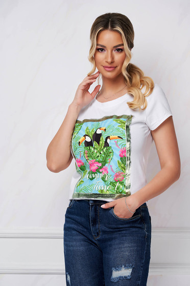 Casual T-shirts, White t-shirt loose fit cotton with print details - StarShinerS.com