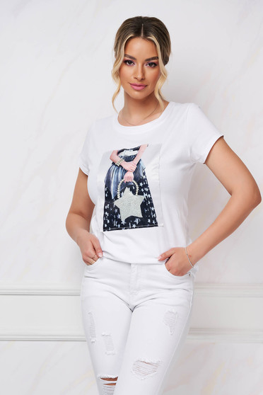 Blouses & Shirts, Ivory t-shirt loose fit cotton with print details - StarShinerS.com