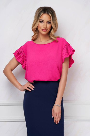 Short sleeves blouses, Pink women`s blouse office loose fit georgette accesorised with necklace - StarShinerS.com
