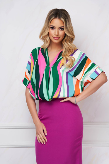 Short sleeves blouses, Women`s blouse office loose fit abstract wrap over front georgette - StarShinerS.com