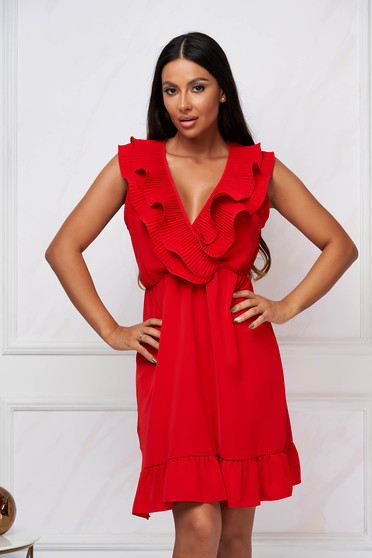 Red dress cloche with elastic waist short cut georgette frilly trim around cleavage line