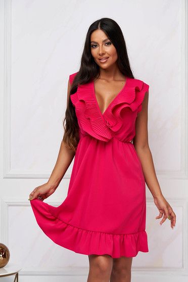 Thin material dresses, Fuchsia dress cloche with elastic waist short cut georgette frilly trim around cleavage line - StarShinerS.com