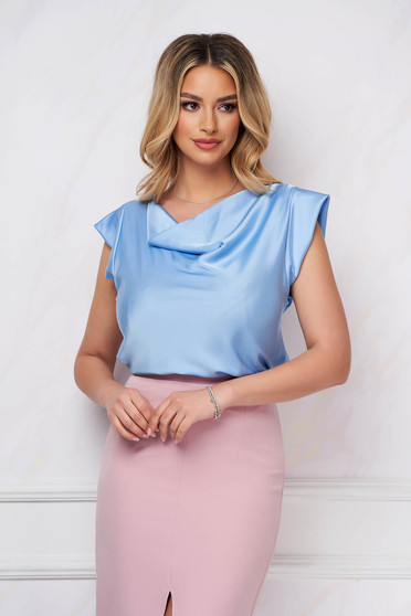 Short sleeves blouses, Lightblue women`s blouse office from satin cowl neck loose fit - StarShinerS.com