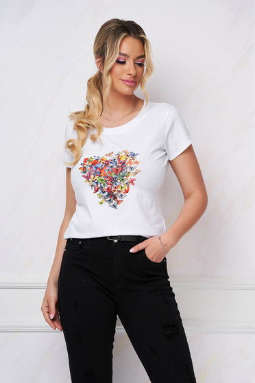 Női Pólók, Fehér bő szabású pamutból készült póló absztrakt nyomtatott mintával - StarShiner.hu