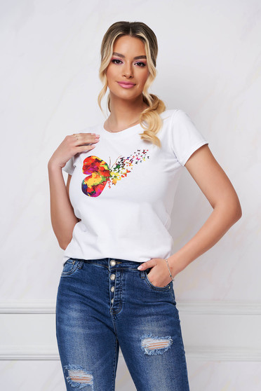 Ivory t-shirt loose fit cotton with print details abstract