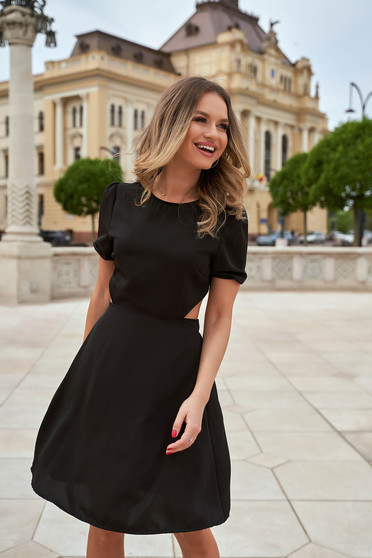 Holiday dresses, Black dress short cut cloche with elastic waist thin fabric with cut back - StarShinerS.com