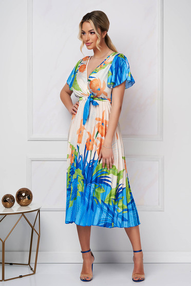 Rochie plisata SunShine midi in clos cu elastic in talie din satin cu imprimeu floral