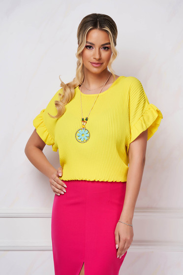 Yellow women`s blouse office loose fit georgette pleated accesorised with necklace