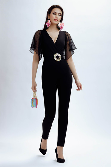 Sales Overalls, Black jumpsuit wrap over front crepe with butterfly sleeves long - StarShinerS.com