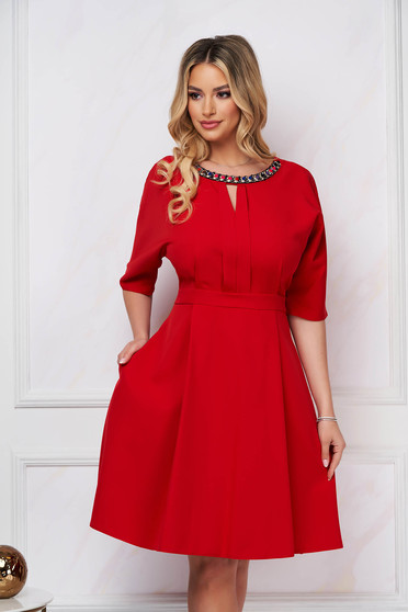 Red dress elegant midi cloche elastic cloth strass