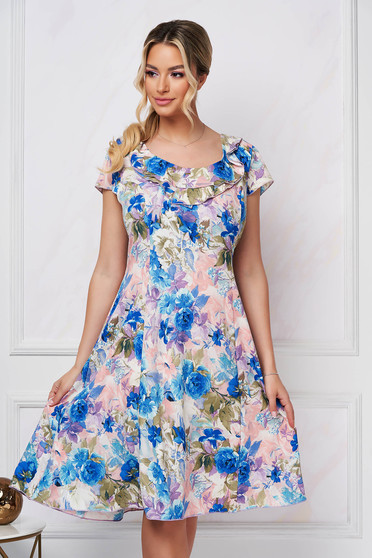 Dress midi cloche thin fabric with floral print frilly trim around cleavage line