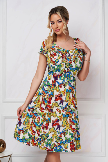 Dress midi cloche thin fabric with floral print frilly trim around cleavage line