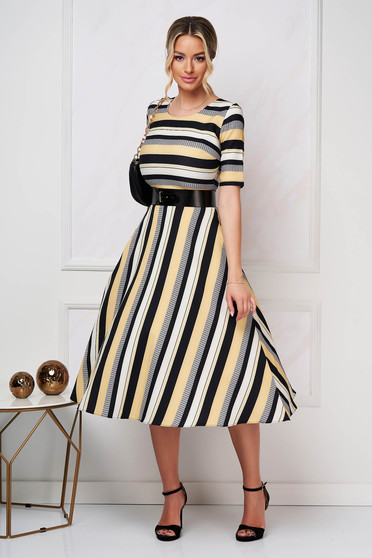 Online Dresses, Dress midi cloche elastic cloth accessorized with belt with stripes - StarShinerS.com