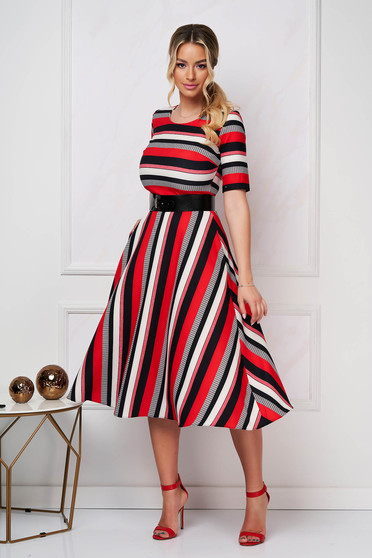Online Dresses, Dress midi cloche elastic cloth accessorized with belt with stripes - StarShinerS.com