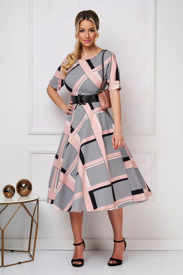 Office dresses, Dress midi cloche elastic cloth accessorized with belt with graphic details - StarShinerS.com