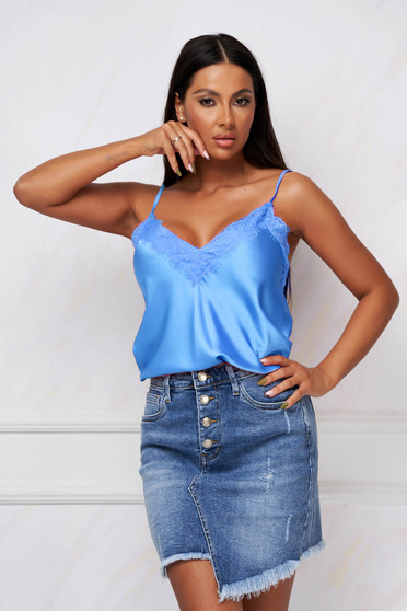 Undervest tops, Lightblue top shirt from satin loose fit with lace details - StarShinerS.com