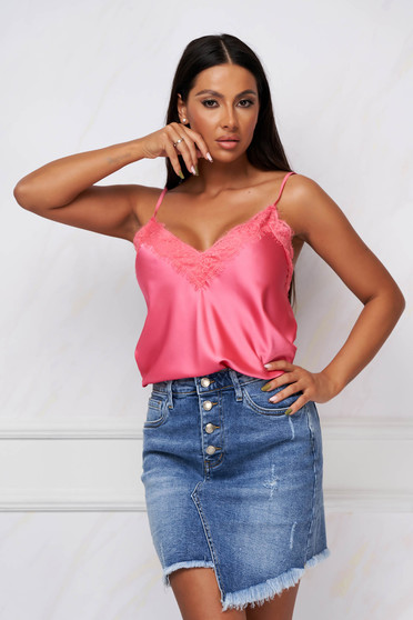 Easy tops, Coral top shirt from satin loose fit with lace details - StarShinerS.com