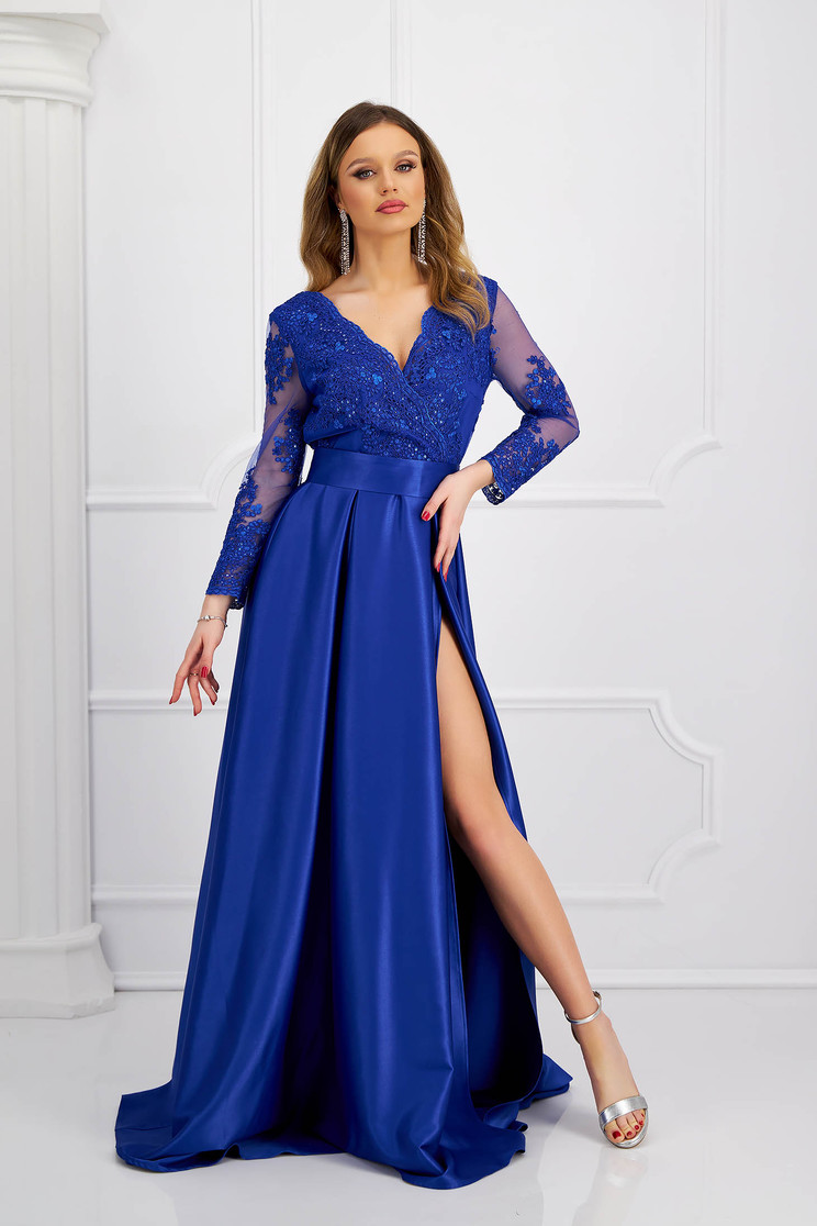 Online Dresses, Blue dress cloche long laced taffeta wrap over front - StarShinerS.com