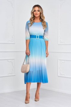 Rochie din voal albastra plisata midi in clos cu elastic in talie - SunShine