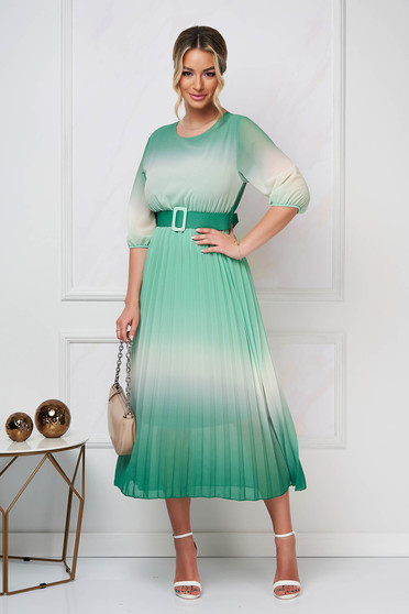 Rochie din voal verde-deschis plisata midi in clos cu elastic in talie - SunShine