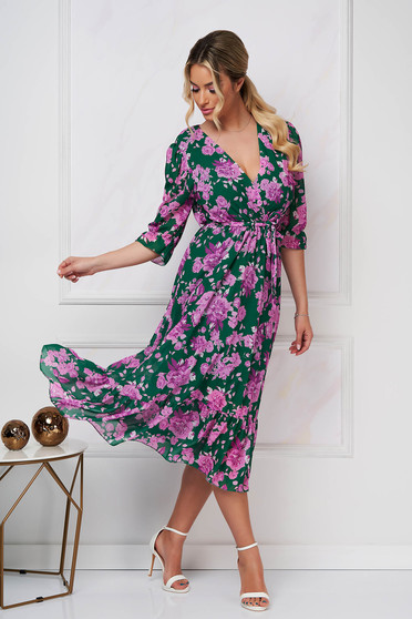 Flowy dresses, Dress midi cloche with elastic waist from veil fabric with print details - StarShinerS.com