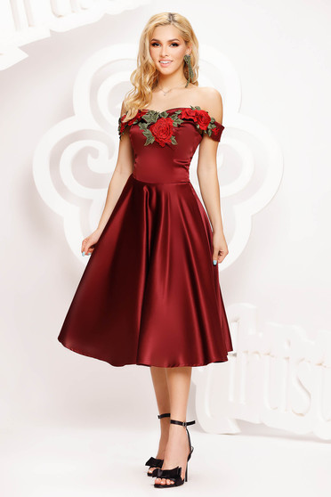 Embroidered Dresses, Burgundy dress midi cloche taffeta - StarShinerS.com