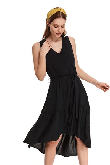 Thin material dresses, Black dress midi cloche asymmetrical with v-neckline thin fabric - StarShinerS.com