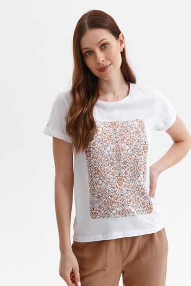 Női Pólók, Fehér casual bő szabású pamutból készült póló absztrakt mintával - StarShiner.hu