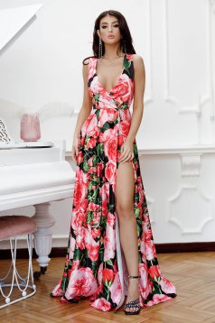Taffeta Dress in A-Line Split Leg with Floral Print - Artista