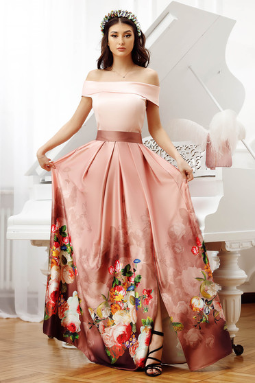 Coral dresses, Dress occasional cloche long taffeta with floral print naked shoulders - StarShinerS.com