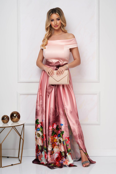Dress occasional cloche long taffeta with floral print naked shoulders