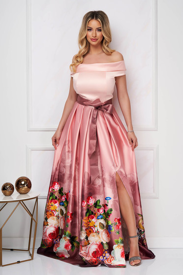 Dress occasional cloche long taffeta with floral print naked shoulders