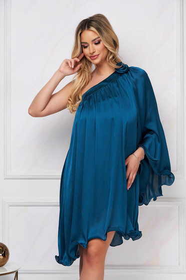 Dress darkgreen occasional asymmetrical loose fit from satin fabric texture