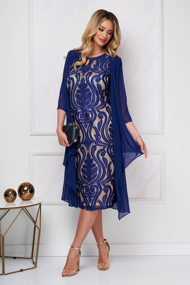 Rochie albastra eleganta midi cu un croi drept cu aplicatii cu dantela si pietre strass