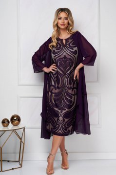 Purple dress elegant midi straight lace and crystal embellished details
