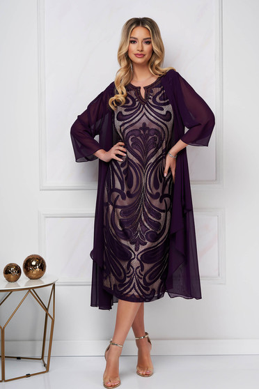 Purple dress elegant midi straight lace and crystal embellished details