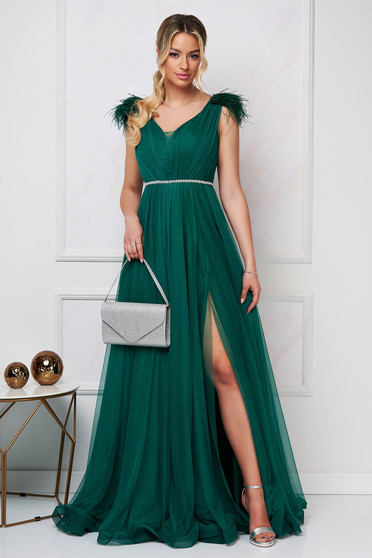 Green dress occasional long cloche from tulle with embellished accessories feather details
