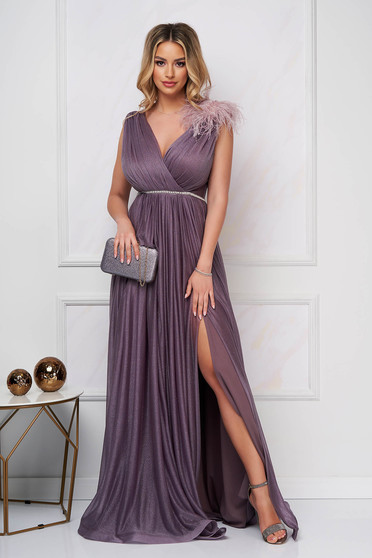 Lightpurple dress occasional long cloche from tulle with glitter details with crystal embellished details feather details