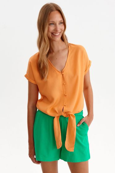 Reduceri camasi scurt, Camasa dama Top Secret portocalie casual cu croi larg din material subtire cu decolteu in v - StarShinerS.ro