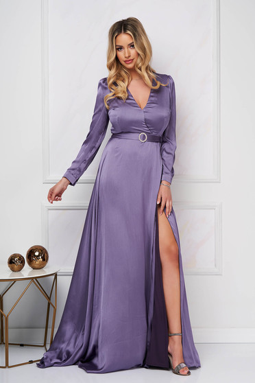 Purple dress long cloche from veil fabric wrinkled material with deep cleavage