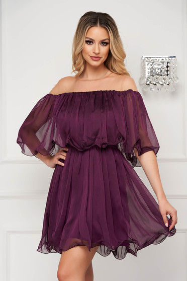 Purple dress short cut cloche off-shoulder occasional thin fabric