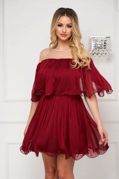 Short cherry-colored dress made of thin material in a flared style with bare shoulders - Artista