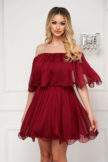 Burgundy dresses, Burgundy dress short cut cloche off-shoulder thin fabric - StarShinerS.com