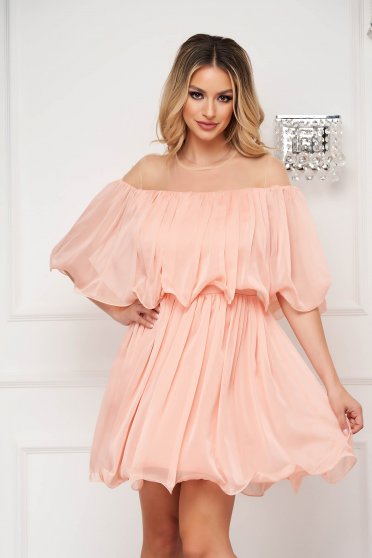 Freshman prom dresses, Peach dress short cut cloche off-shoulder thin fabric - StarShinerS.com