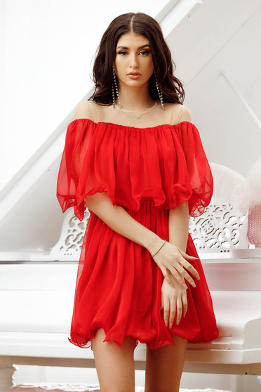 Freshman prom dresses, Red dress short cut cloche off-shoulder thin fabric - StarShinerS.com