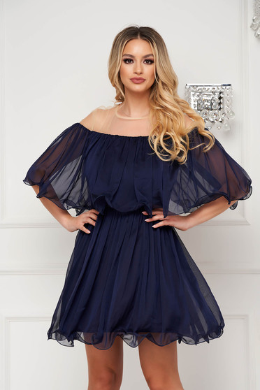 Freshman prom dresses, Dark blue dress short cut cloche off-shoulder thin fabric - StarShinerS.com