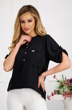 Black women`s blouse loose fit from veil fabric wrinkled texture